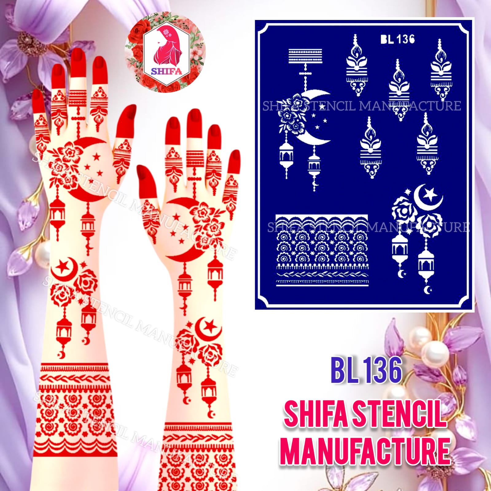BL136 Moonlit Rose Lantern Glow Sticker Overview Henna Stencil - Shifa Stencil